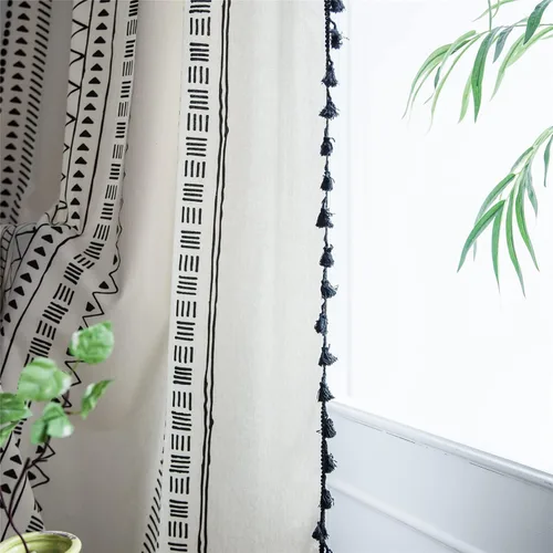 Miniatura 41 de Deeprove Cortinas bohemias para dormitorio, rayas huecas de ganchillo crema y estampado floral, tela de lino de algodón, con borlas beige bohemias