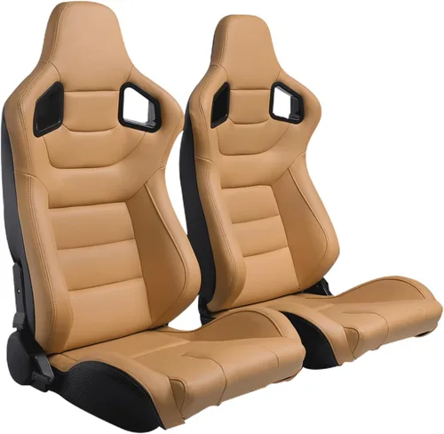 Paquete de 2 asientos de carreras, asientos universales de cuero de PVC, asientos deportivos ajustables con deslizadores (negro y beige/marrón
