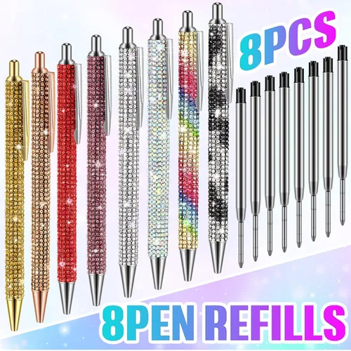 Miniatura 3 de Lincia 8 bolígrafos de diamantes de imitación brillantes, bonitos bolígrafos de diamantes de imitación a granel, bolígrafo de metal colorido con 8