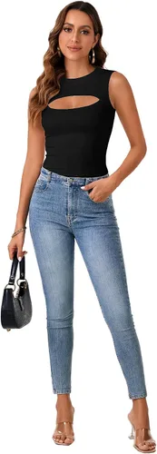 Miniatura 6 de Vrtige Camiseta sin mangas sexy con cuello redondo para mujer, de punto acanalado, sin mangas, ajustada