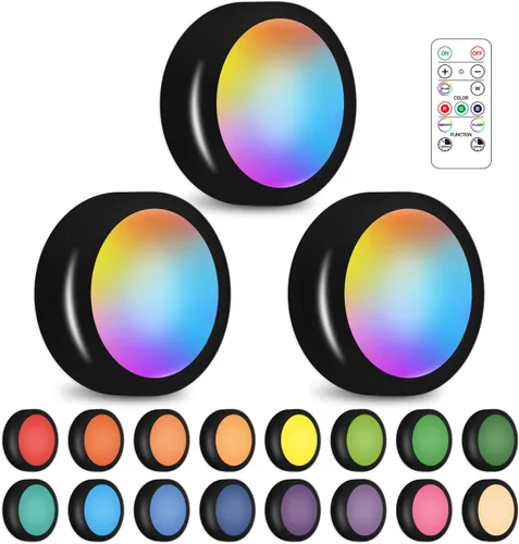 Paquete de 3 Luces LED Tipo Disco Inalámbricas que Cambian de 16 Colores, Iluminación LED para Debajo del Gabinete, Luz de Closet Alimentada por