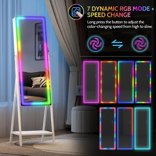 Miniatura 4 de LVSOMT Armario con espejo LED RGB para joyería, organizador de joyas de pie, espejo de cuerpo entero con almacenamiento de joyas, espejo de piso
