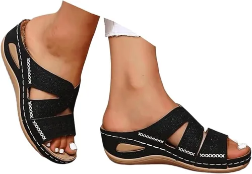 Miniatura 9 de Sandalias ortopédicas para mujer, plataforma elegante, tacón de cuña, sin cordones, puntera abierta, sandalias ortopédicas casuales de verano Rosa