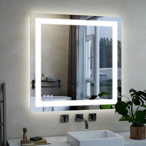 VooBang Espejo de baño con luces de 30 x 30 pulgadas, 3 modos de iluminación ajustables, espejo de tocador de baño LED, antivaho y función de