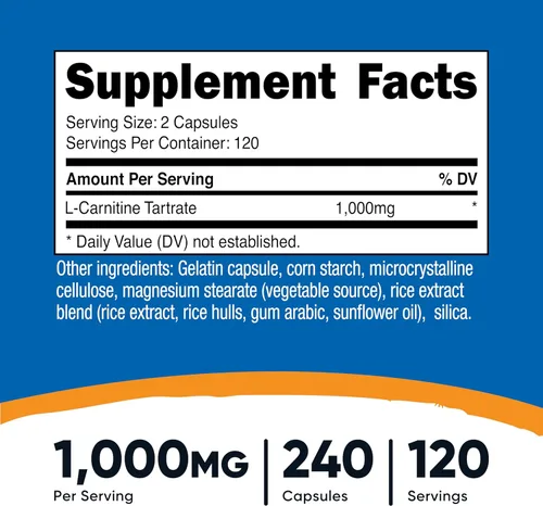 Miniatura 2 de Nutricost Tartrato de L-Carnitina 1,000 mg, 240 cápsulas - 500 mg por cápsula, 120 porciones