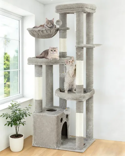 Miniatura 10 de Torre de árbol para gatos de varios niveles para gatos de interior, torre de escalada XL de 67 pulgadas de alto con 3 plataformas grandes, postes