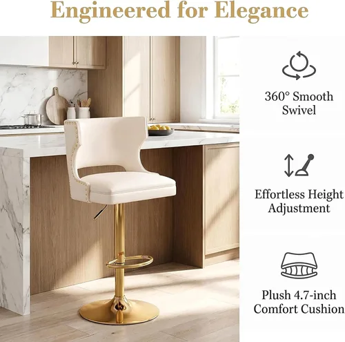 Miniatura 4 de ROCITY Juego de 2 taburetes de bar color beige con respaldo de piel sintética con base dorada, isla de cocina moderna ajustable para comedor, barra