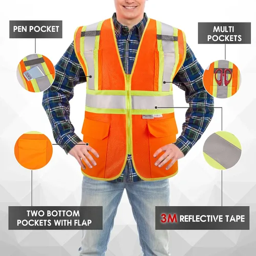 Miniatura 3 de 3M Chaleco de seguridad reflectante de alta visibilidad con cremallera y bolsillos, color naranja, talla M