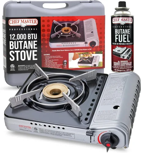 Chef Master Estufa portátil de butano de 12,000 BTU - Quemador de gas para acampar y cocinar al aire libre - Placa de cocina de sobremesa con