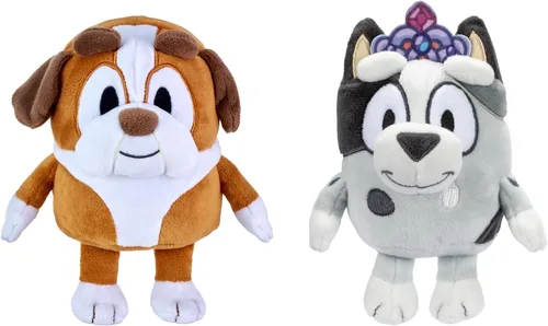 Bluey y sus amigos – Pack de 2 juguetes de peluche suaves (Princesa Muffin y Winton), aproximadamente 15 cm – Juguetes de peluche para abrazar para