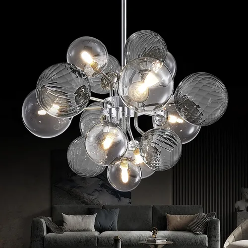 Lámpara de araña de burbujas de mediados de siglo de 8 luces, globo de 24 pulgadas, lámpara colgante Sputnik moderna plateada con 15 burbujas,