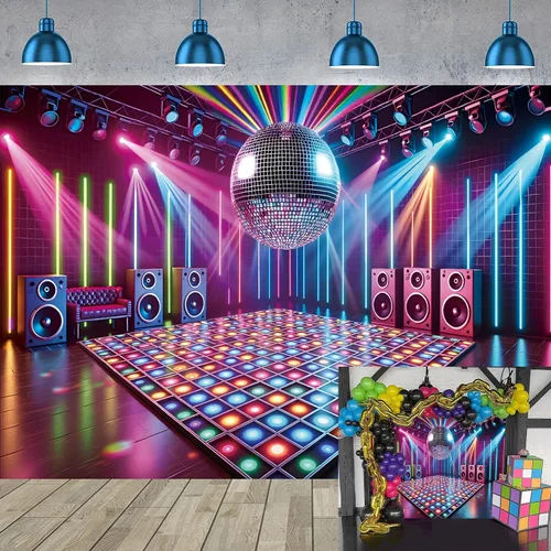 Telón de fondo de escenario de discoteca, música rock, retro, bola de discoteca, brillante, colorido, fondo de fotografía de los años 70, 80, 90,
