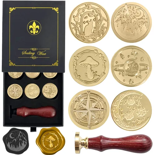 Juego de caja de regalo de sellos de cera, 6 sellos de cera de sellado, sellos de cobre, 1 empuñadura de madera, kit de sellos de cera para sobres