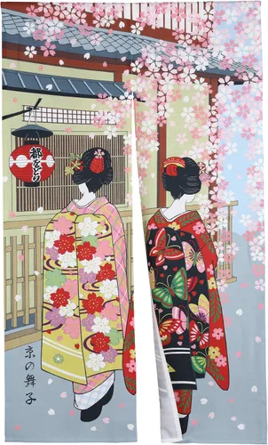 Cortina japonesa Noren para puerta, Kyoto Geisha Girls con flor de cerezo, divisor de habitación para decoración del hogar, 33 x 59 pulgadas