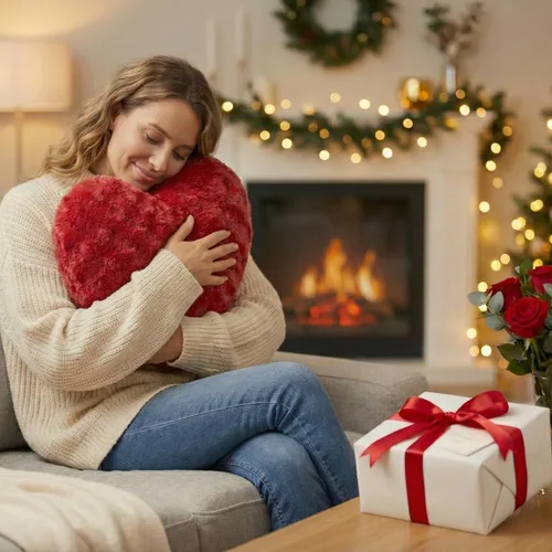 Miniatura 2 de DaDa Bedding Dreamy - Almohada de piel sintética de corazón rojo – Cojín de peluche de corazones enamorados de lujo de San Valentín con inserto Lujo