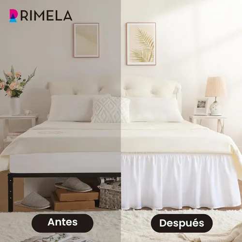 Miniatura 3 de Falda de cama RIMELA envoltura volante elástica que protege contra el polvo con color sólido, resistente a las arrugas y a la decoloración con Blanco