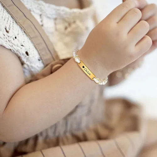 Miniatura 83 de Pulsera de barra para bebé: chapado en oro de 18 quilates, pulsera con placa de identificación personalizada para niños pequeños de mamá, nombre
