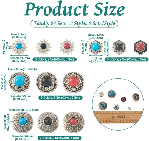 Miniatura 6 de 24 Juegos de Conchos para Cuero Remaches Decorativos de Girasol Tachuelas 13-20mm (0.512-0.787 in) Conchos Turquesa Remache Rápido de Metal