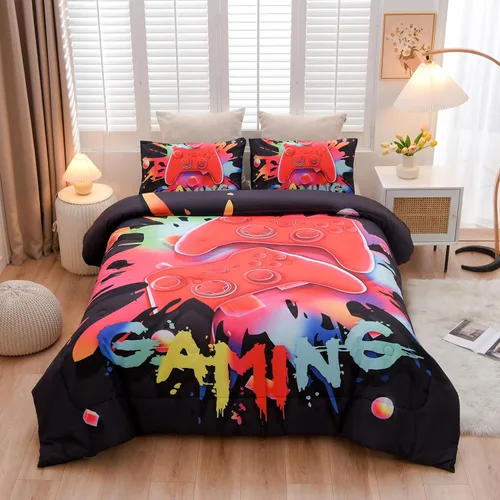 Miniatura 12 de Aimuan - Juego de ropa de cama para jugadores, conjuntos de edredón 3D con mando de juego para niños, botones de acción, controlador de juego Negro