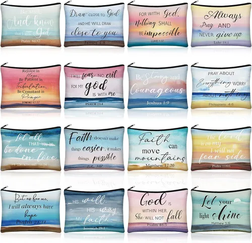 Miniatura 8 de Pinkunn - 16 bolsas de maquillaje de lona, regalos a granel para mujeres, bolsa de cosméticos inspiradores cristianos religiosos con cremallera