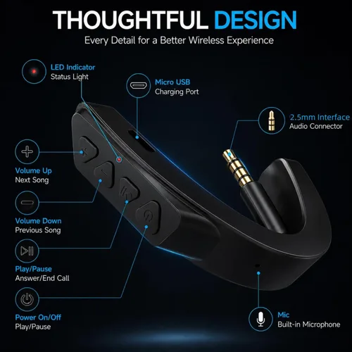 Miniatura 4 de Adaptador Bluetooth inalámbrico aptX mejorado para auriculares Bose QuietComfort 25 QC 25 con micrófono/control de volumen, negro