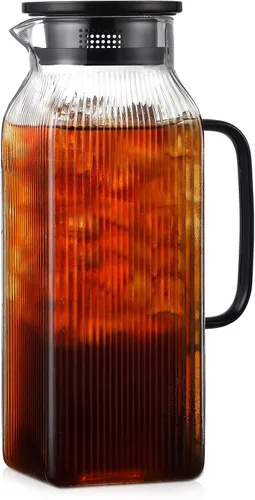 Jarra cuadrada de vidrio de 2 litros/68 oz con tapa, jarras de agua clásicas a rayas con asa para refrigerador, jarra grande para té helado, café,