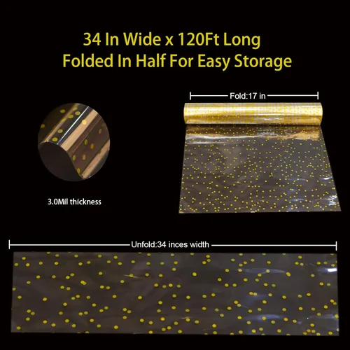 Miniatura 2 de CMFYHM Rollo de Envoltura de Celofán Transparente (34" x 120 Pies) Celofán de Lunares Dorados de 3 Mil, Rollo de Envoltura de Celofán para Regalos