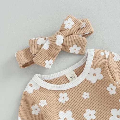 Miniatura 17 de Ropa de bebé recién nacida, sudadera floral de manga larga, mameluco con volantes, diadema de gofre, traje de otoño de una pieza