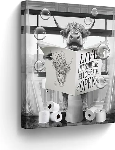 Miniatura 19 de Lienzo decorativo de osos divertidos para pared, cuadros en blanco y negro, decoración de pared de baño, oso sentado en el inodoro, lectura