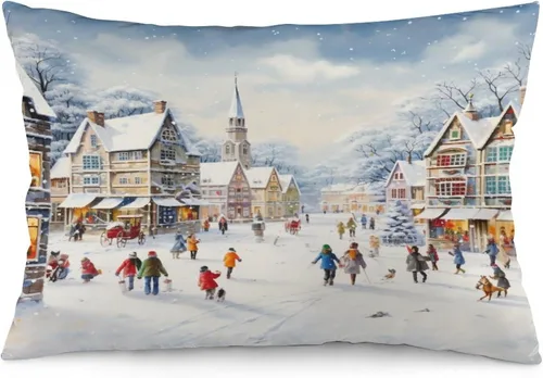 Miniatura 30 de Funda de almohada con escena de pueblo navideño con niños, fundas de almohada de 12 x 20 pulgadas, almohadas decorativas de Navidad para sofá, funda