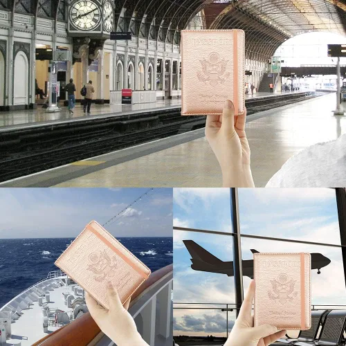Miniatura 7 de Soporte para pasaporte y tarjetero de vacuna, cartera para pasaporte, funda para pasaporte con bloqueo RFID, Oro Rosa, Compacto