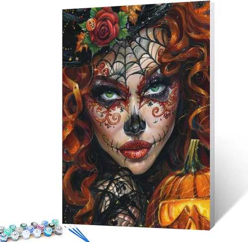 Miniatura 24 de Kit de Pintura por Números de Retrato de Mujer Calavera de Azúcar al Óleo de 16 x 20 Pulgadas, Lienzo para Halloween, Decoración para Mujeres, Chica