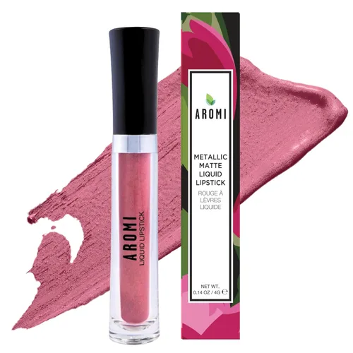 Miniatura 9 de Aromi Lápiz labial líquido mate metálico Rosa polvoriento rosado, color de labios malva rosado claro con acabado brillante, de larga duración