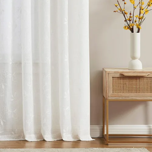 Miniatura 6 de Vision Home Cortinas con textura de lino transparente floral de 84 pulgadas, paneles de ventana bordadas con estampado de hojas para sala de estar