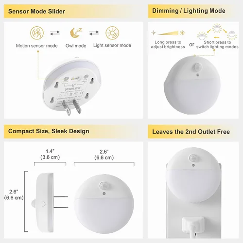 Miniatura 6 de YUNLEX Paquete de 2 luces nocturnas rojas enchufables con sensor de movimiento y sensor de atardecer a amanecer, 3 modos, brillo suave, 0% luz azul