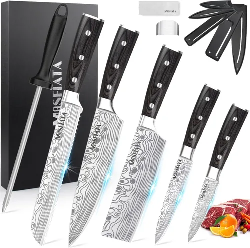 Miniatura 9 de MOSFiATA Juego de Cuchillos de Chef Profesional con Acero Inoxidable Alemán de Alto Carbono Juego de Cuchillos de Cocina de 3 Piezas con Protector