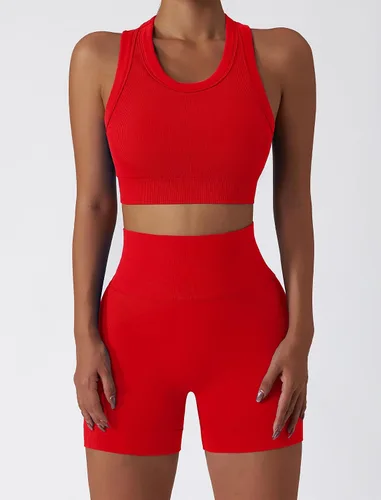 Miniatura 77 de Conjuntos de entrenamiento para mujer, 2 piezas, sin costuras, acanalada, sin mangas, brasier deportivo, cintura alta, pantalones cortos