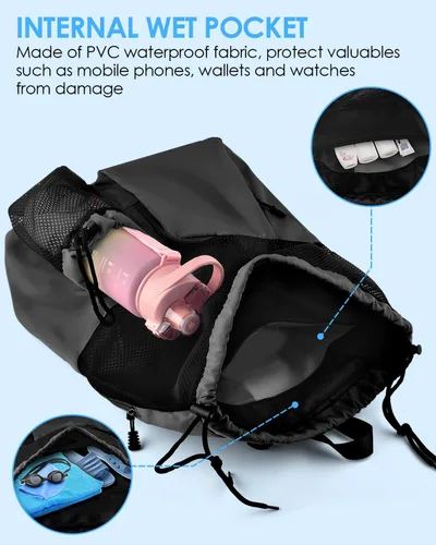 Miniatura 6 de BROTOU Mochila de playa para natación con bolsillo húmedo de malla y cordón, bolsas para nadar, gimnasio Negro
