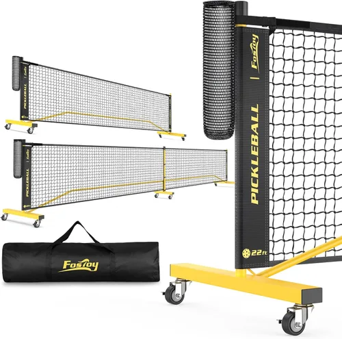 Fostoy Pickleball Net with Wheels, Portable 2-in-1 Pickle Ball Net with Ball Collector,22FT Regulation Size & 11FT Half Court Size, Carry Bag,