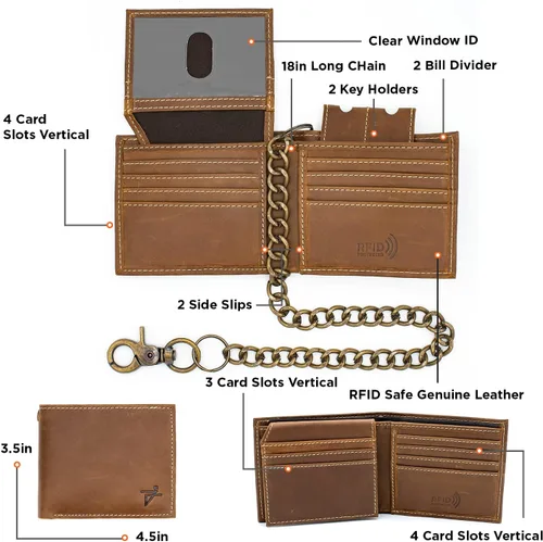 Miniatura 3 de Cartera de cuero genuino para hombre, con bloqueo RFID, plegable, elegante, billetera plegable con cadena de acero inoxidable, billetera abatible