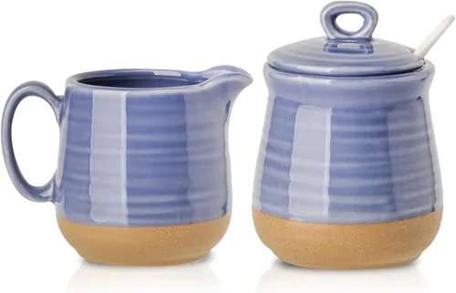 Miniatura 10 de Hasense Juego de Azucarero y Cremera de Porcelana, Azucarero de 11 Onzas con Tapa y Cuchara, Jarra de Crema de 10 Onzas, Juegos de Café Estilo Azul