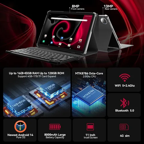 Miniatura 2 de 2026 Última tableta de 11 pulgadas, tabletas Android 14 con 16 GB de RAM 128 GB ROM 1TB Expand, tableta 4G dual con teclado para T-Mobile, batería