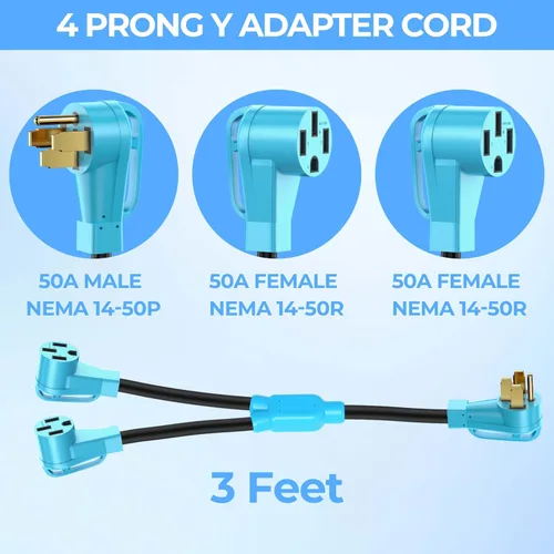 Miniatura 2 de CircleCord Cable adaptador RV/EV Y de 50 amperios a dos de 50 amperios, enchufe macho NEMA 14-50P a hembra 14-50R con mango de agarre, cable STW