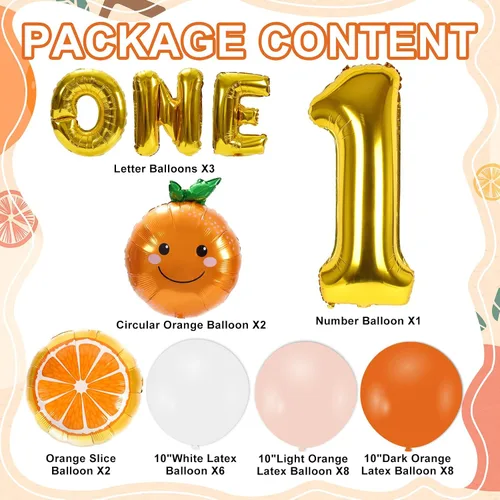 Miniatura 2 de Whaline 30 piezas de suministros de decoración de primer cumpleaños naranja Little Cutie número uno, globo de letra UNO, globos naranjas, globos