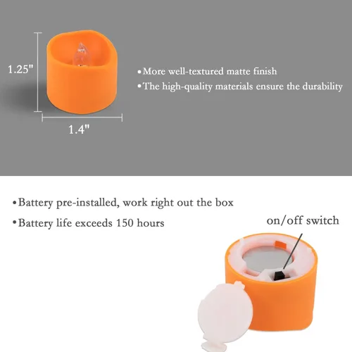 Miniatura 7 de Homemory Paquete de 12 velas de té naranja de Halloween, velas LED que funcionan con pilas, luces de calabazas pequeñas, sin llama, velas de té