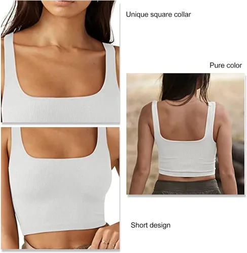 Miniatura 4 de TOPINCN Camiseta corta básica de punto para mujer, con cuello cuadrado, elástica, ajustada