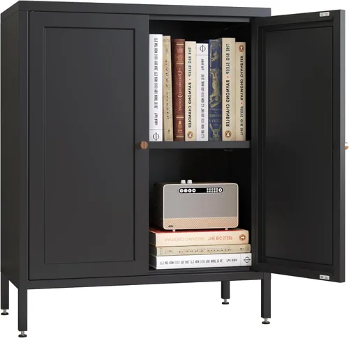 Miniatura 16 de Gabinete de almacenamiento lateral de metal pequeño de 2 puertas para habitación, entrada, pasillo, cocina, 1 estante extraíble.