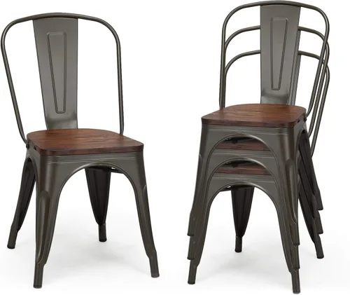 Miniatura 11 de DORTALA Juego de 4 sillas de comedor de metal, sillas auxiliares de café con patas de goma, sillas elegantes y modernas, silla auxiliar apilable
