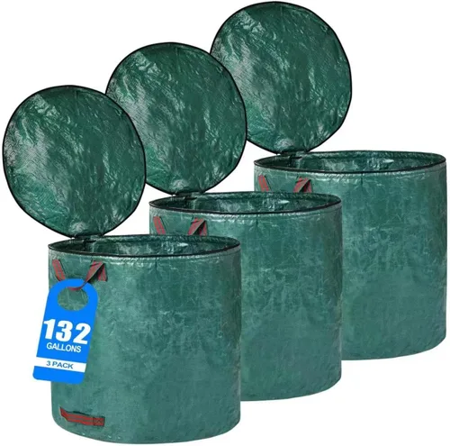 Miniatura 10 de Paquete de 2 bolsas de basura reutilizables de 32 galones con tapa con cremallera, bolsas de basura de jardín con 4 asas para exteriores