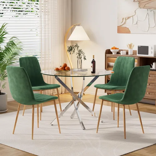 Miniatura 9 de Moderno juego de mesa redonda de vidrio para 4, 36 pulgadas, pequeña base negra de vidrio templado con 4 sillas de comedor minimalistas beige, juego